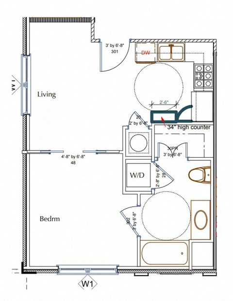 Floor plan for 1 bed, 1 bath, 525 sqft